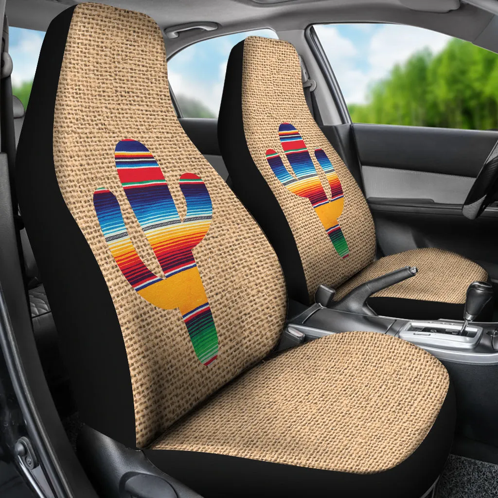 Faux Burlap Car Seat Covers Set With Colorful Serape Cactus Design