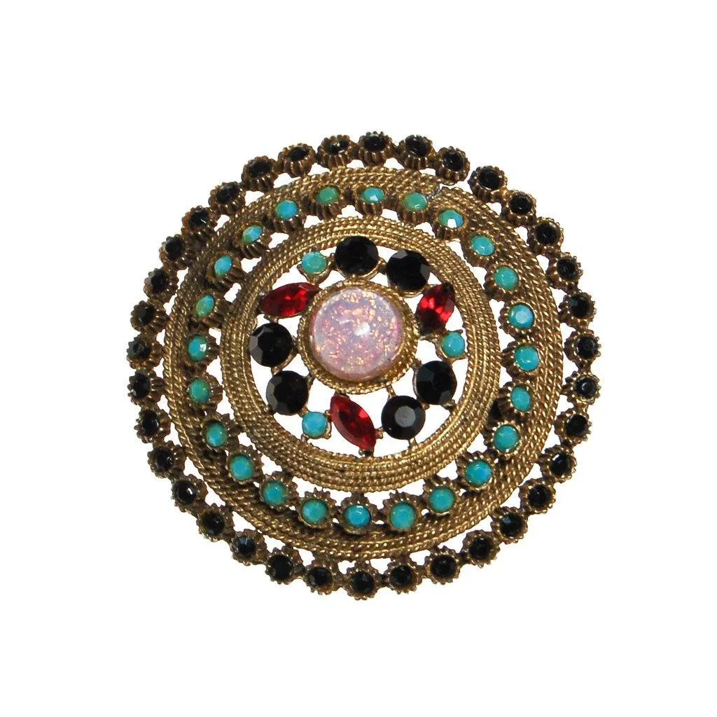 Fire Opal, Garnet, Turquoise, Jet Black Rhinestone Medallion Pendant