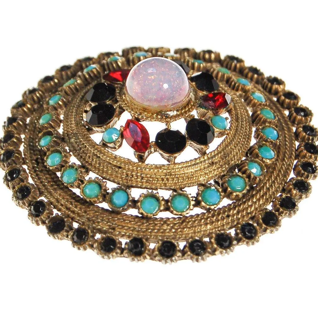 Fire Opal, Garnet, Turquoise, Jet Black Rhinestone Medallion Pendant