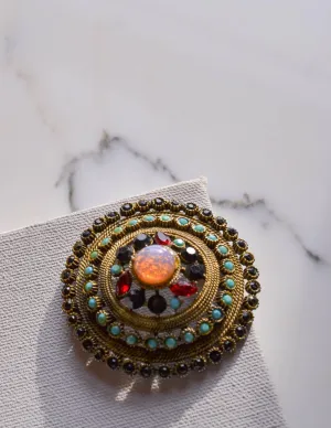 Fire Opal, Garnet, Turquoise, Jet Black Rhinestone Medallion Pendant