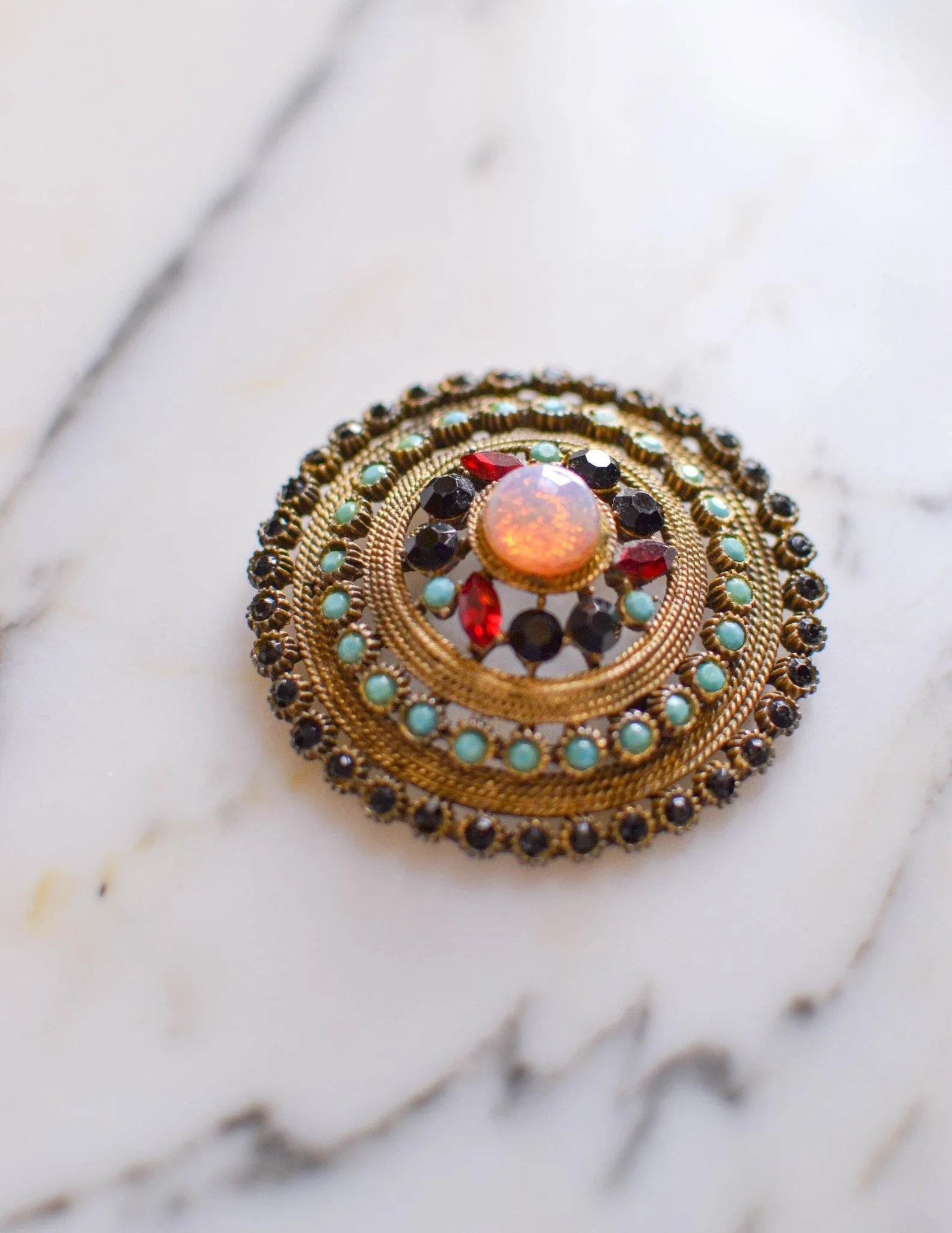Fire Opal, Garnet, Turquoise, Jet Black Rhinestone Medallion Pendant