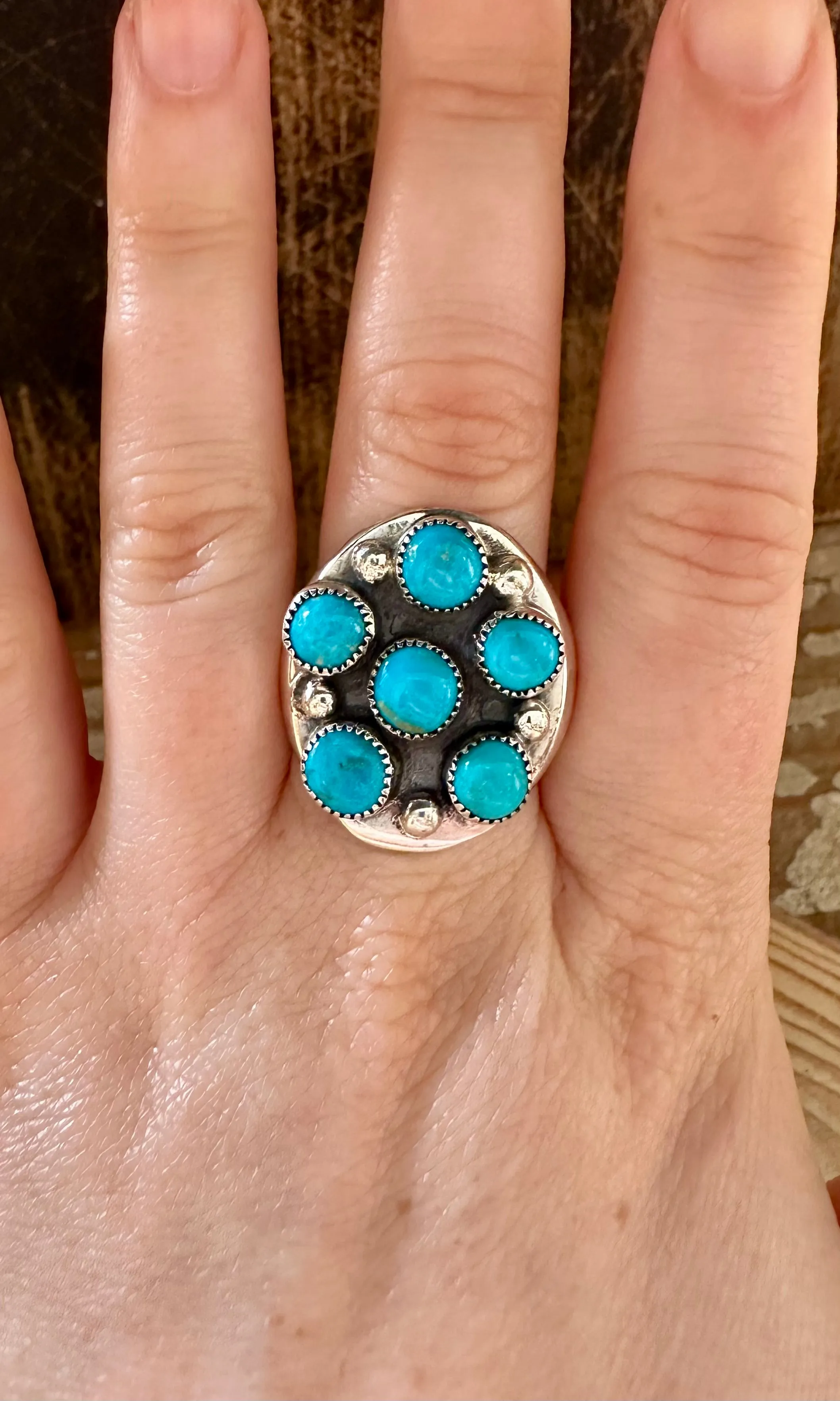 FLOWER CLUSTER TURQUOISE and Sterling Silver Ring • Size 10 1/2, 12