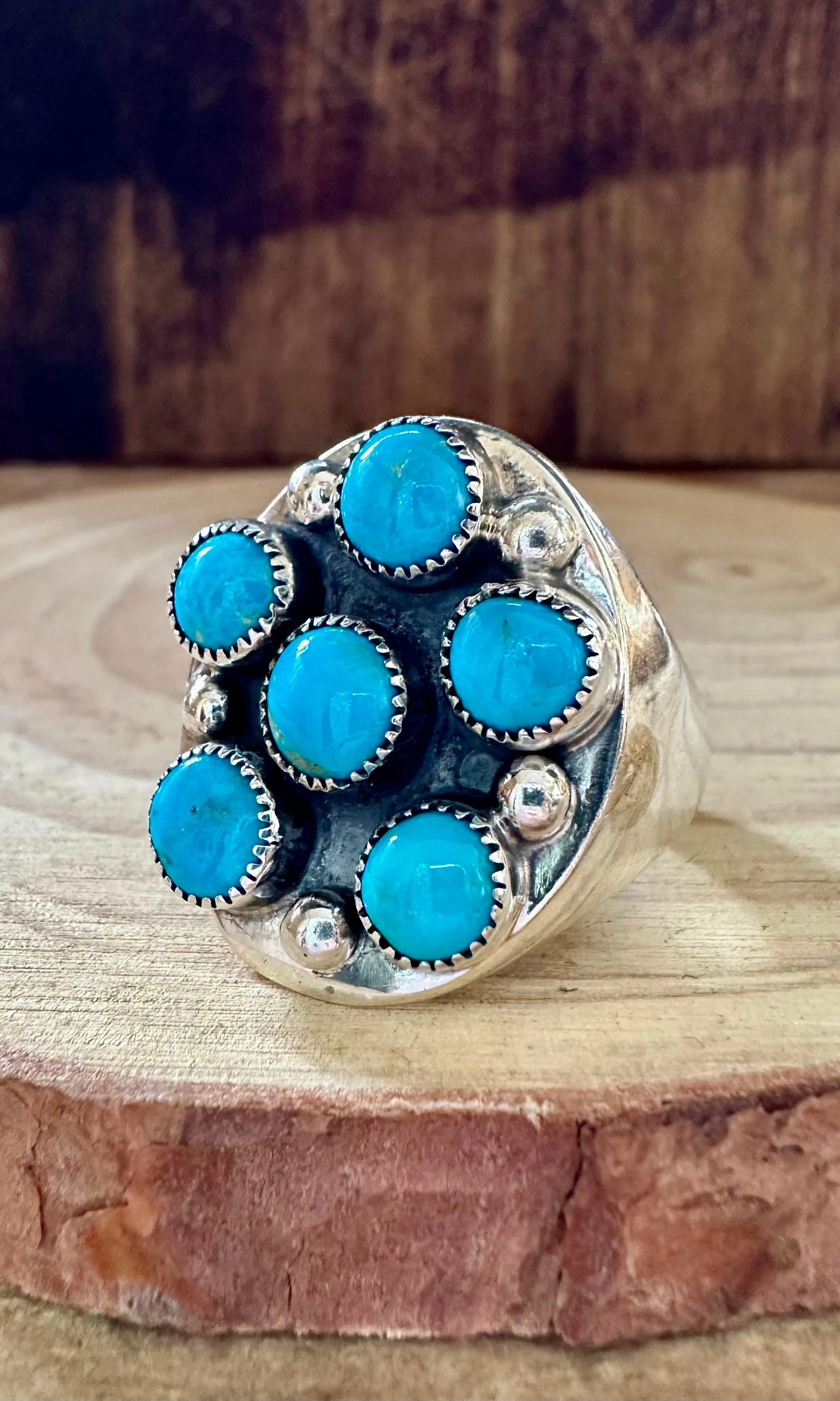 FLOWER CLUSTER TURQUOISE and Sterling Silver Ring • Size 10 1/2, 12