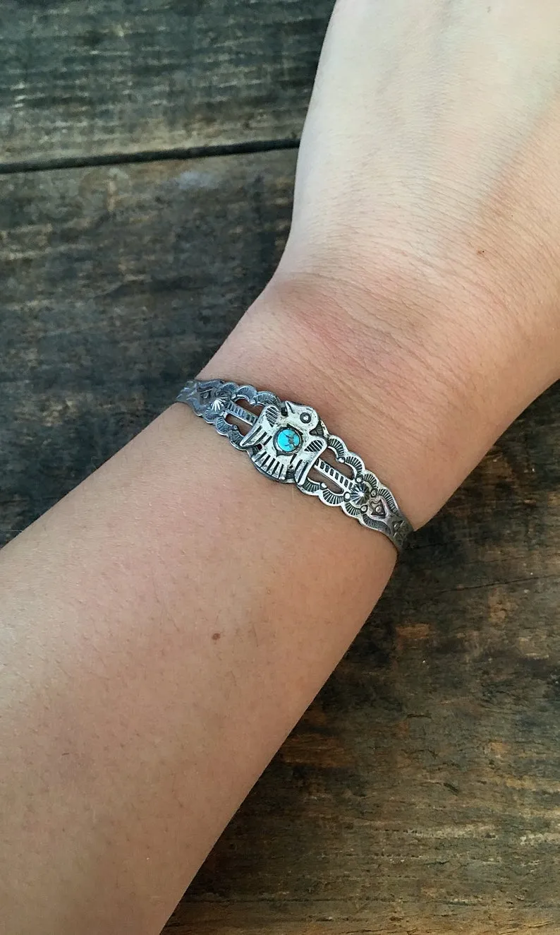 FRED HARVEY ERA 1940s Navajo Style Silver & Turquoise Thunderbird Cuff