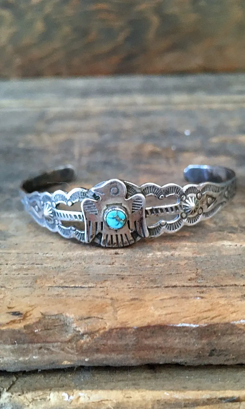 FRED HARVEY ERA 1940s Navajo Style Silver & Turquoise Thunderbird Cuff