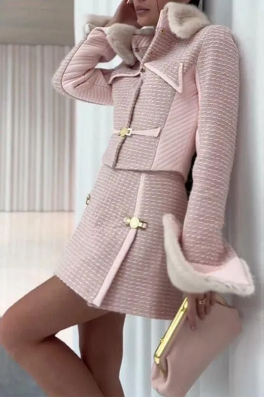 French style stitching short pink suit