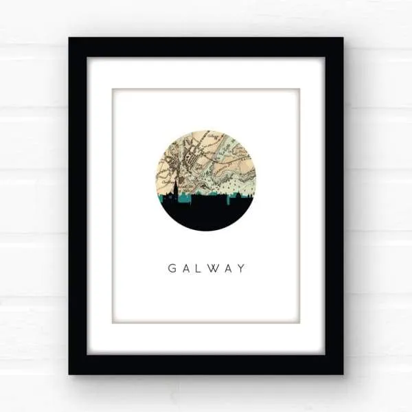 Galway city skyline with vintage Galway map