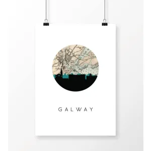 Galway city skyline with vintage Galway map