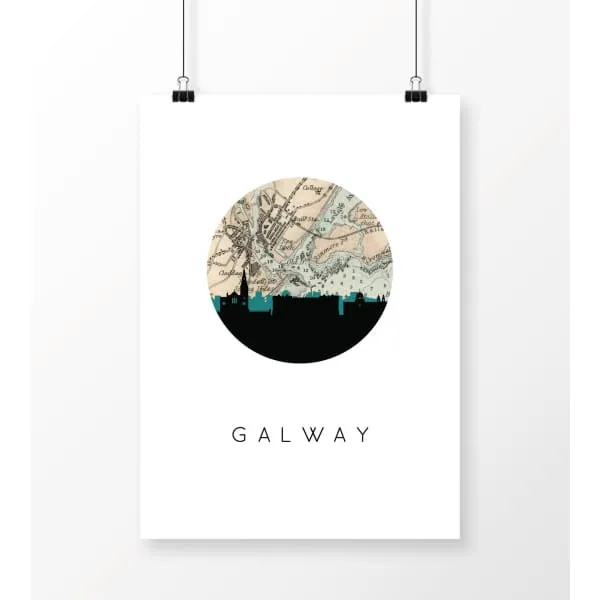 Galway city skyline with vintage Galway map