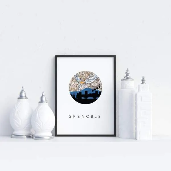 Grenoble city skyline with vintage Grenoble map
