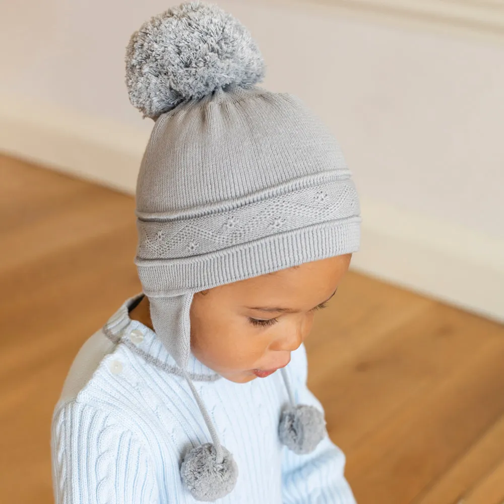 Griffin Grey Baby Bobble Hat with Ear Flaps