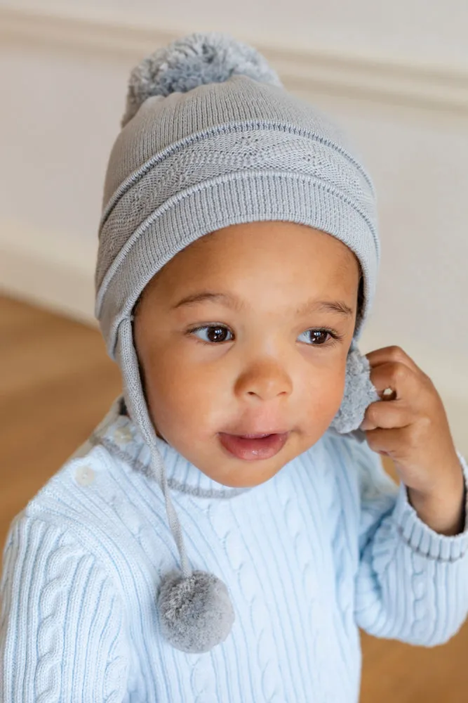 Griffin Grey Baby Bobble Hat with Ear Flaps