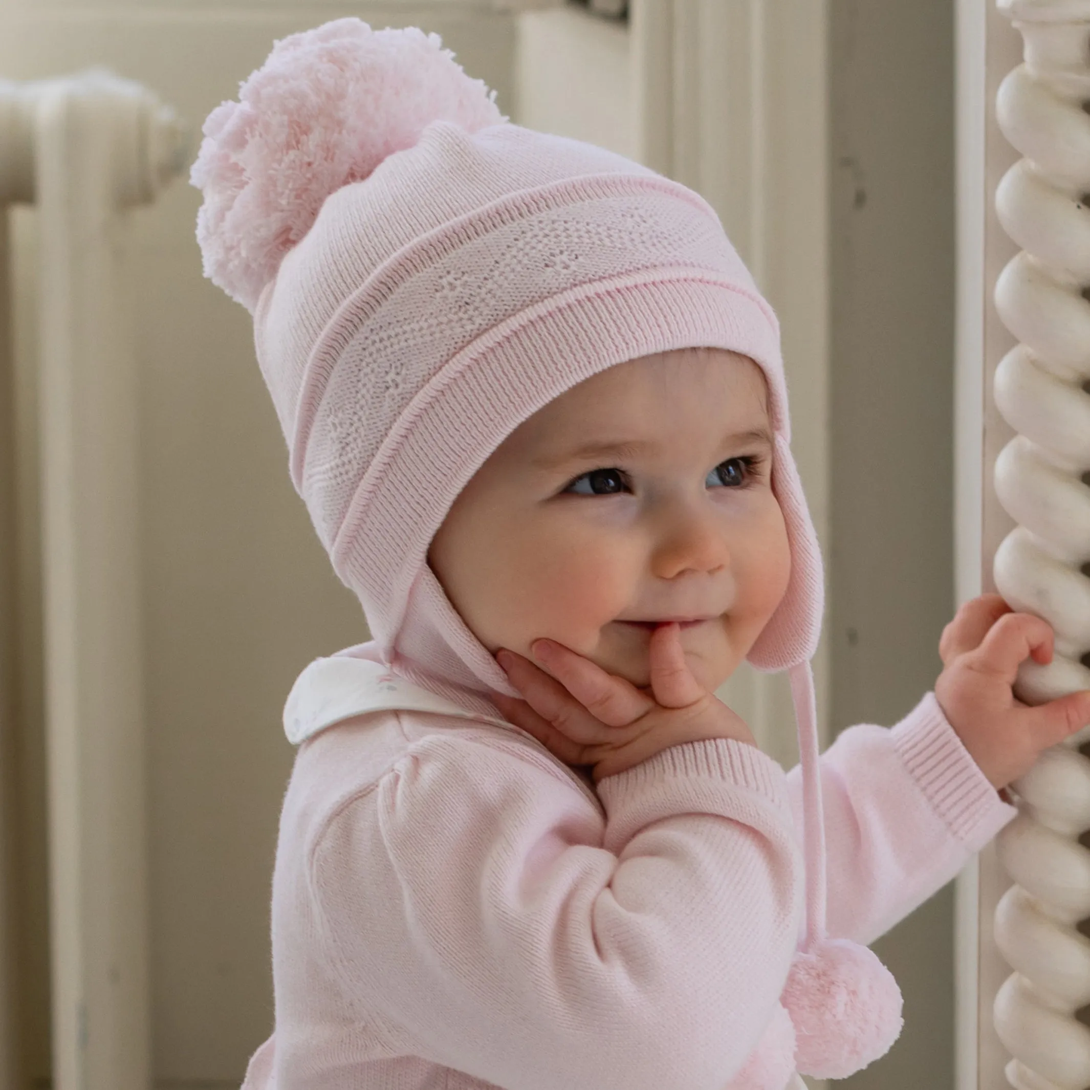Griffin Pink Baby Bobble Hat with Ear Flaps