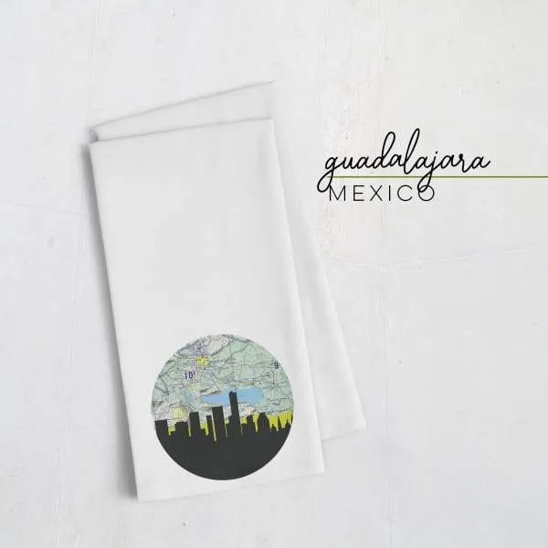 Guadalajara, Mexico city skyline with vintage Guadalajara map