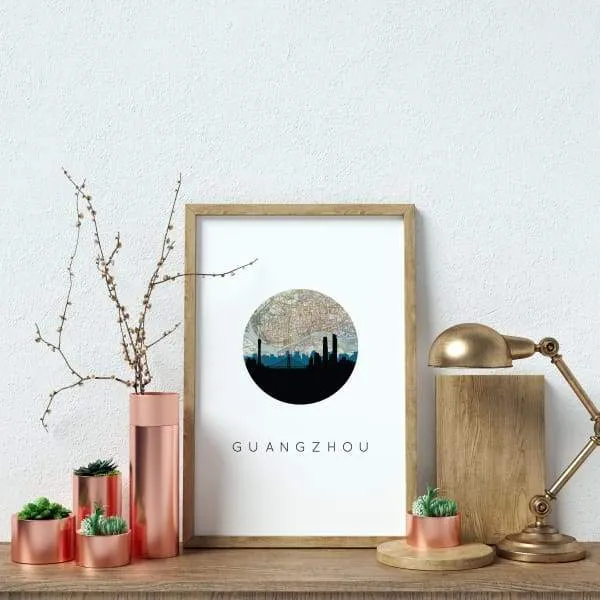 Guangzhou city skyline with vintage Guangzhou map