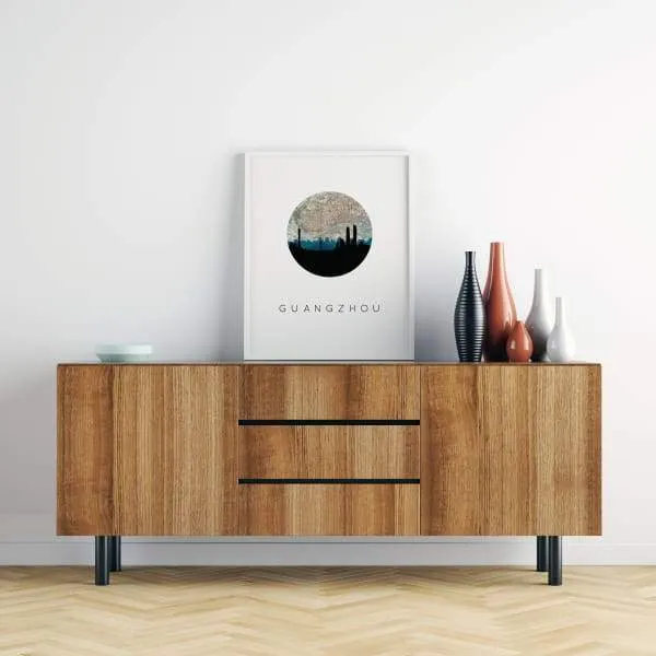 Guangzhou city skyline with vintage Guangzhou map