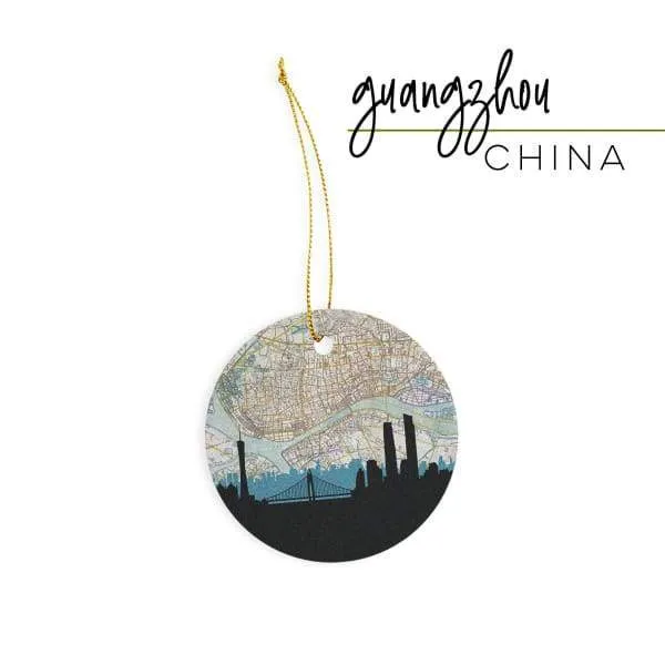 Guangzhou city skyline with vintage Guangzhou map