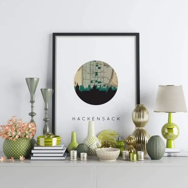 Hackensack, New Jersey city skyline with vintage Hackensack map