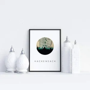Hackensack, New Jersey city skyline with vintage Hackensack map