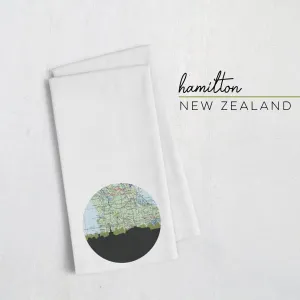 Hamilton, New Zealand city skyline with vintage Hamilton map