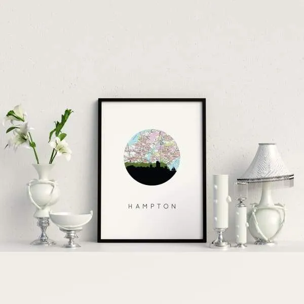 Hampton, Virginia city skyline with vintage Hampton map