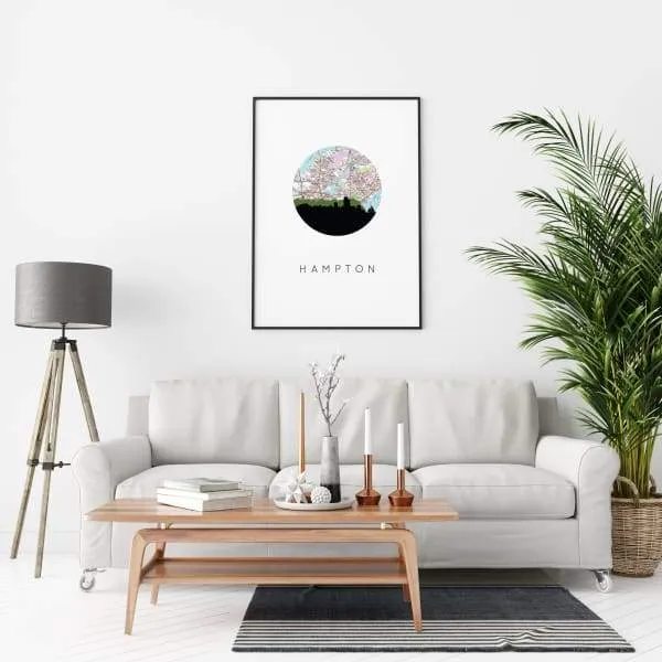 Hampton, Virginia city skyline with vintage Hampton map