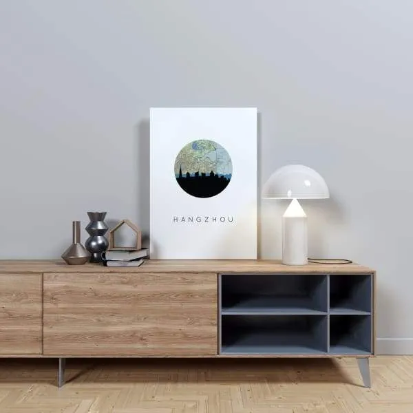 Hangzhou, China city skyline with vintage Hangzhou map