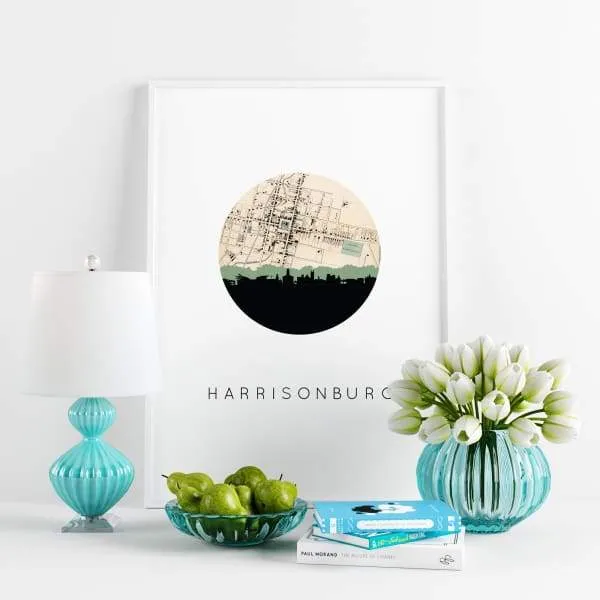 Harrisonburg, Virginia city skyline with vintage Harrisonburg map