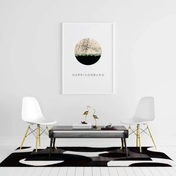Harrisonburg, Virginia city skyline with vintage Harrisonburg map