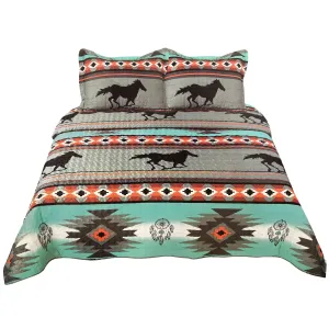 Horse Native Tribal Aztec Dream Catcher Print Saddleridge 3 Piece Quilt Bedding Set Turquoise Grey
