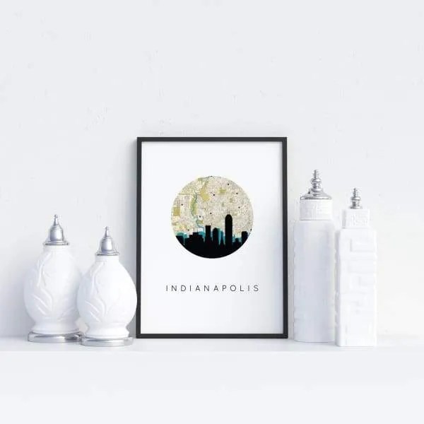 Indianapolis, Indiana city skyline with vintage Indianapolis map
