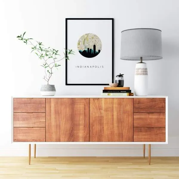 Indianapolis, Indiana city skyline with vintage Indianapolis map