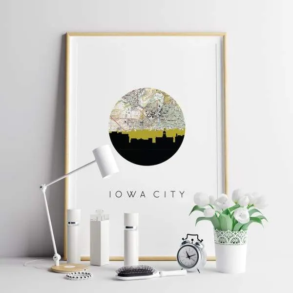 Iowa City, Iowa city skyline with vintage Iowa City map