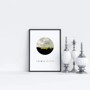 Iowa City, Iowa city skyline with vintage Iowa City map