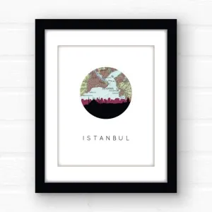 Istanbul city skyline with vintage Istanbul map