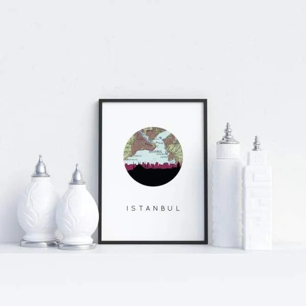 Istanbul city skyline with vintage Istanbul map