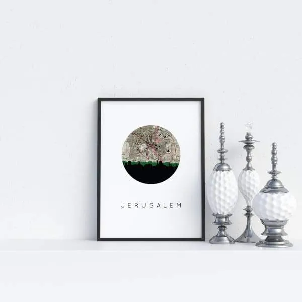 Jerusalem, Israel city skyline with vintage Jerusalem map
