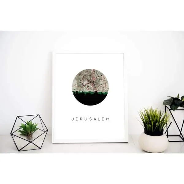 Jerusalem, Israel city skyline with vintage Jerusalem map