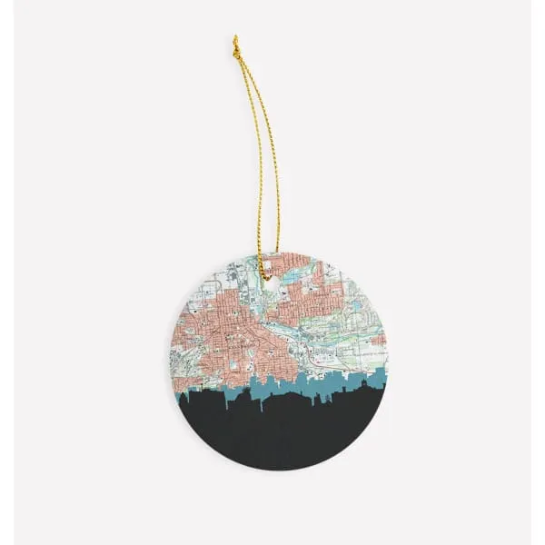 Kalamazoo, Michigan city skyline with vintage Kalamazoo map