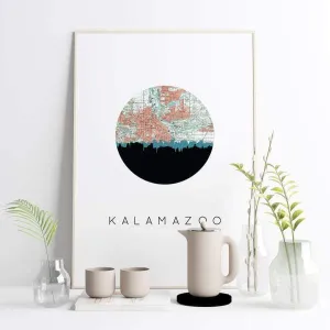 Kalamazoo, Michigan city skyline with vintage Kalamazoo map