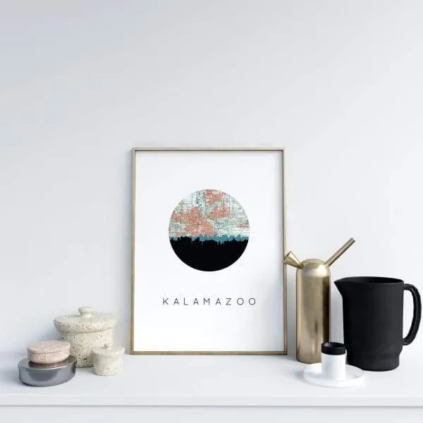Kalamazoo, Michigan city skyline with vintage Kalamazoo map