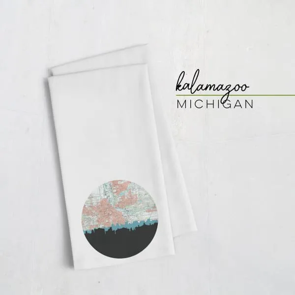 Kalamazoo, Michigan city skyline with vintage Kalamazoo map