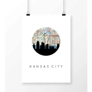 Kansas City, Missouri city skyline with vintage Kansas City map