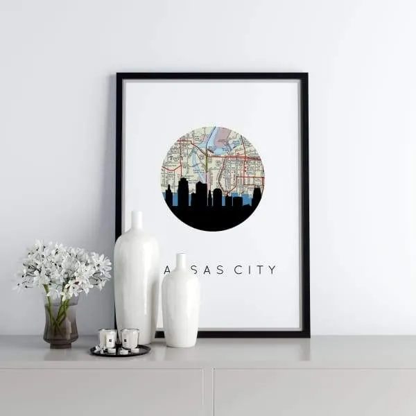 Kansas City, Missouri city skyline with vintage Kansas City map