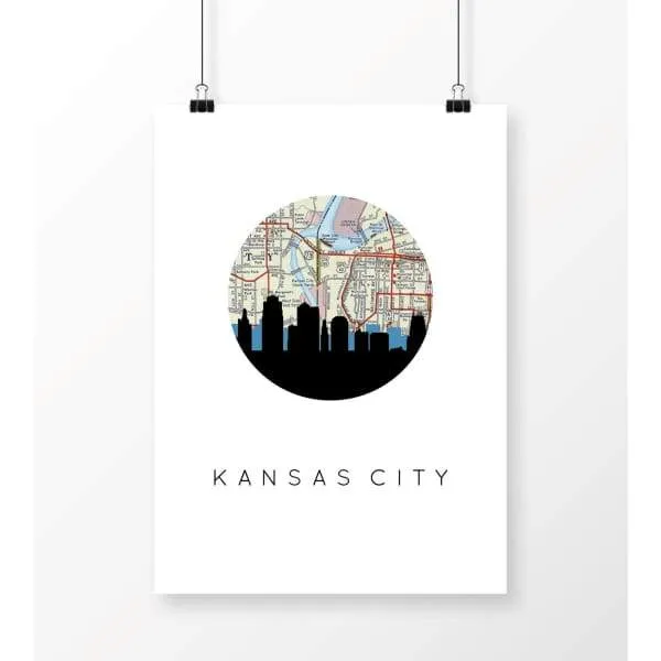 Kansas City, Missouri city skyline with vintage Kansas City map