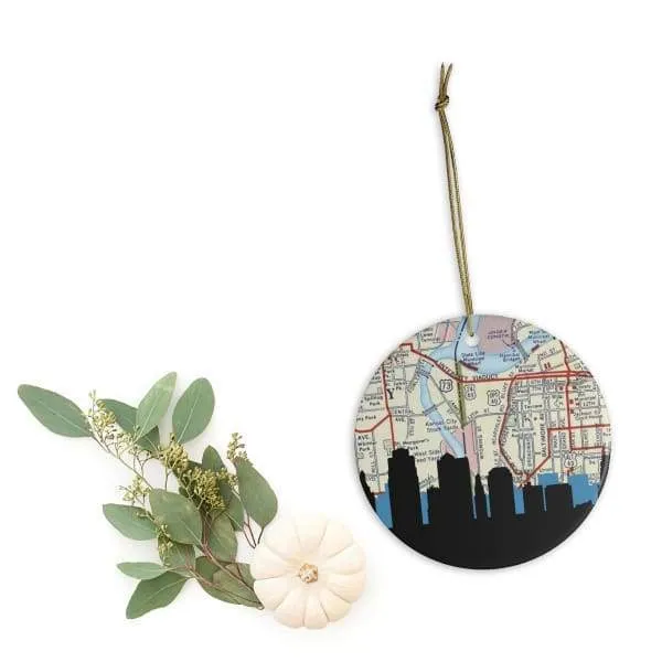 Kansas City, Missouri city skyline with vintage Kansas City map