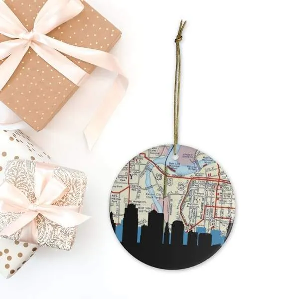 Kansas City, Missouri city skyline with vintage Kansas City map