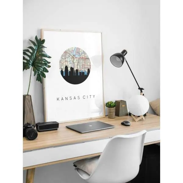 Kansas City, Missouri city skyline with vintage Kansas City map