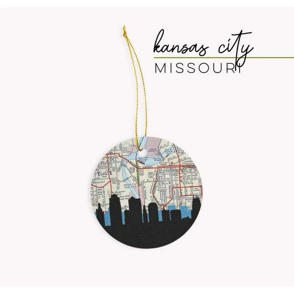 Kansas City, Missouri city skyline with vintage Kansas City map