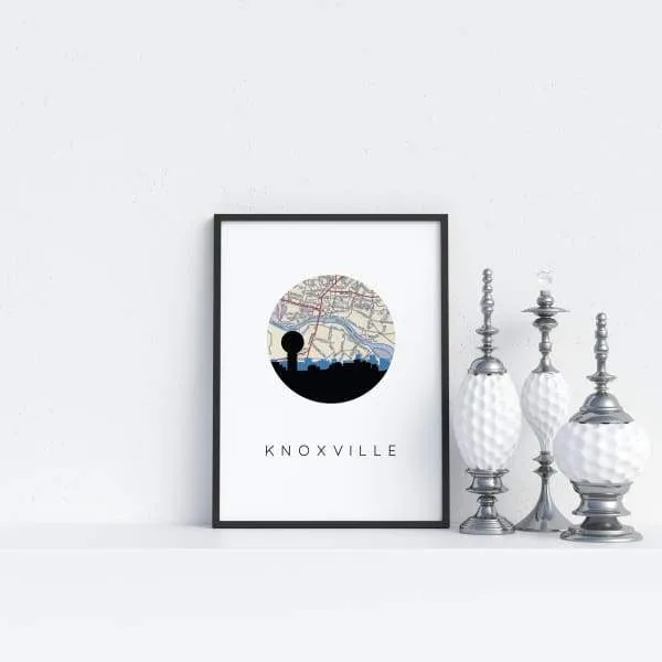 Knoxville, Tennessee city skyline with vintage Knoxville map